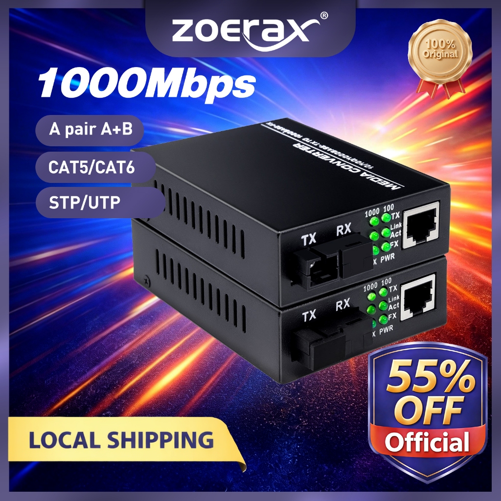 ZoeRax Gigabit Fiber Media Converter Pair RJ45 to SC Single Mode ...