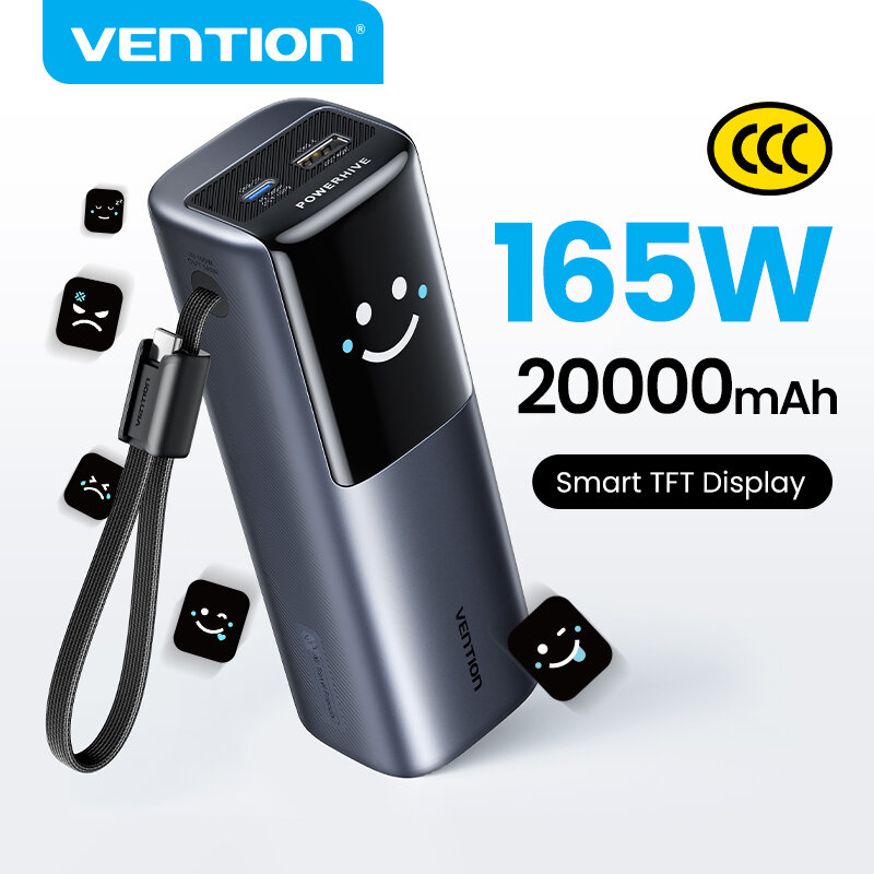【CCC Certification 】Vention Powerbank 20000maAh/27000mAh Built In USB C Cable 5A 165W 200W Power Bank PD 3.1 Fast Charging Portable Charger Smart Display For MacBook Dell Laptop