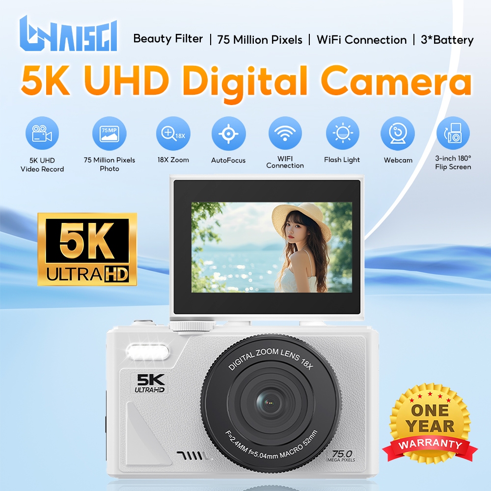 5K Digital Camera 75MP 18X Zoom 180°Flip Screen Portable Camera 5K HD ...