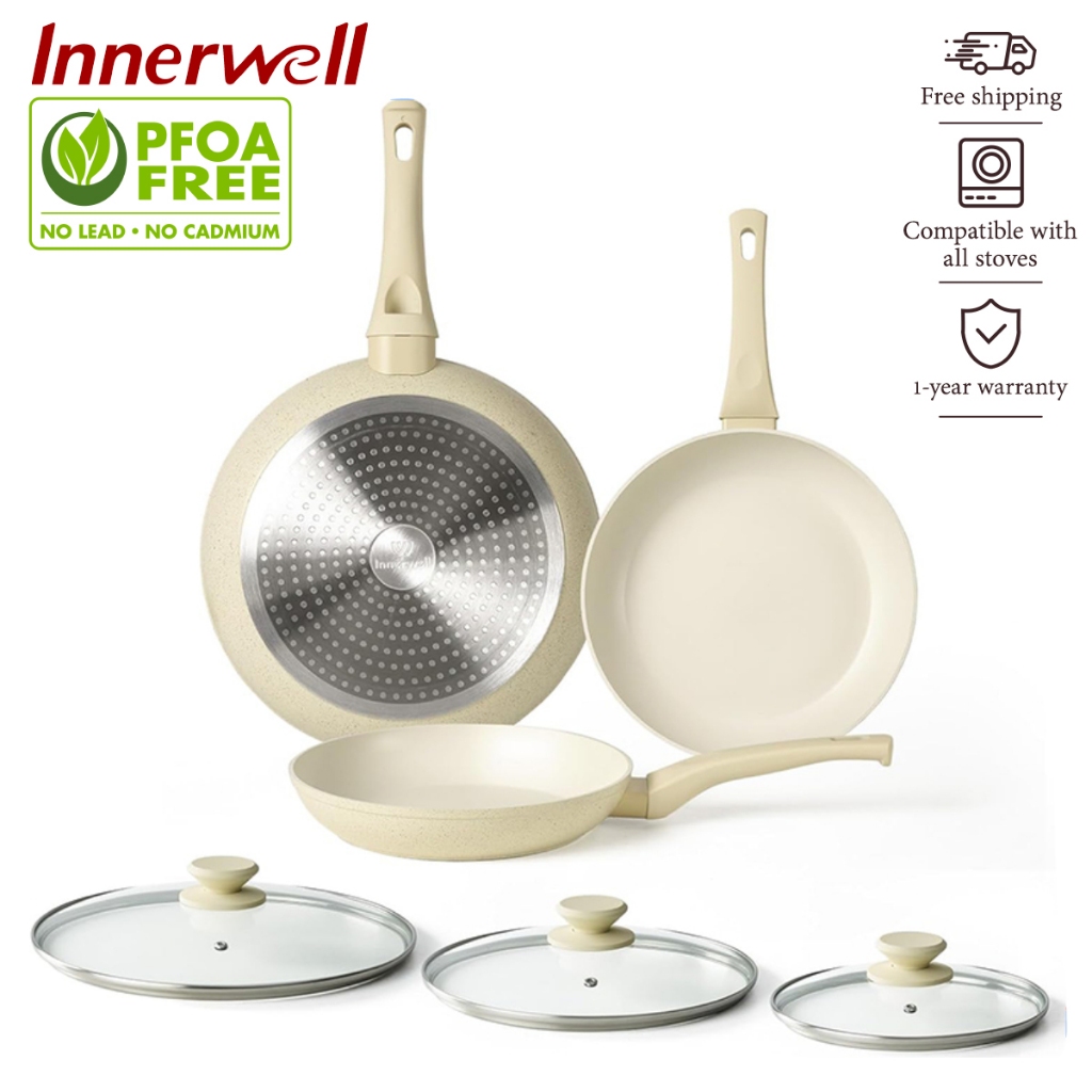 Innerwell Beige Non Stick Frying Pan Set with Lid (6PCS) Nonstick ...