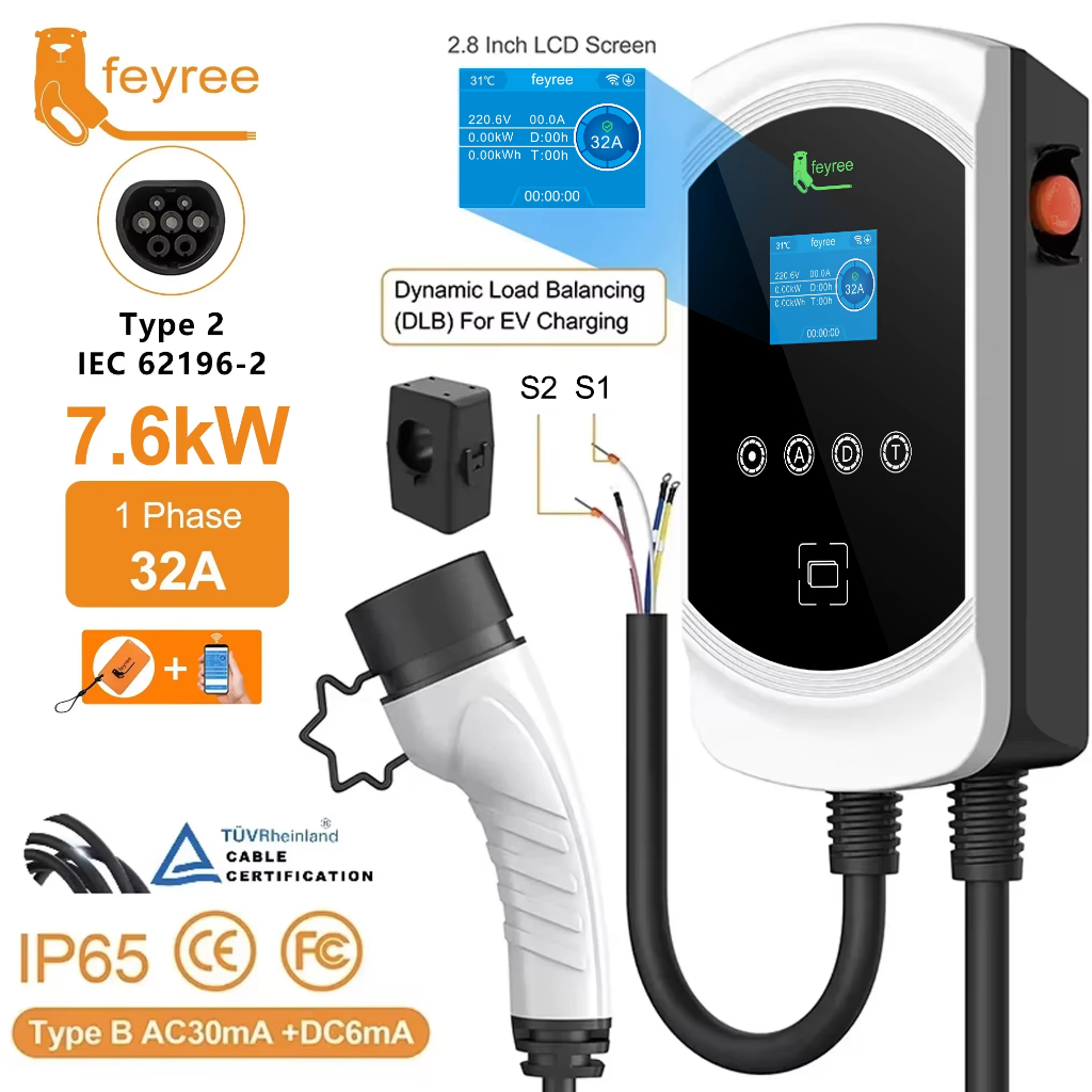 feyree EV Charger Type2 Cable 32A 7.6KW Dynamic Load Blancing EVSE ...