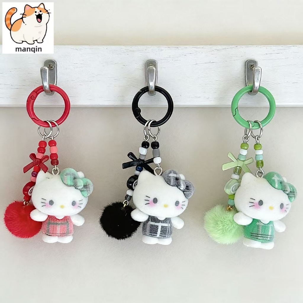 Hellokitty Plaid Mini Flocking Doll Keychain Cute Cartoon Ornaments ...