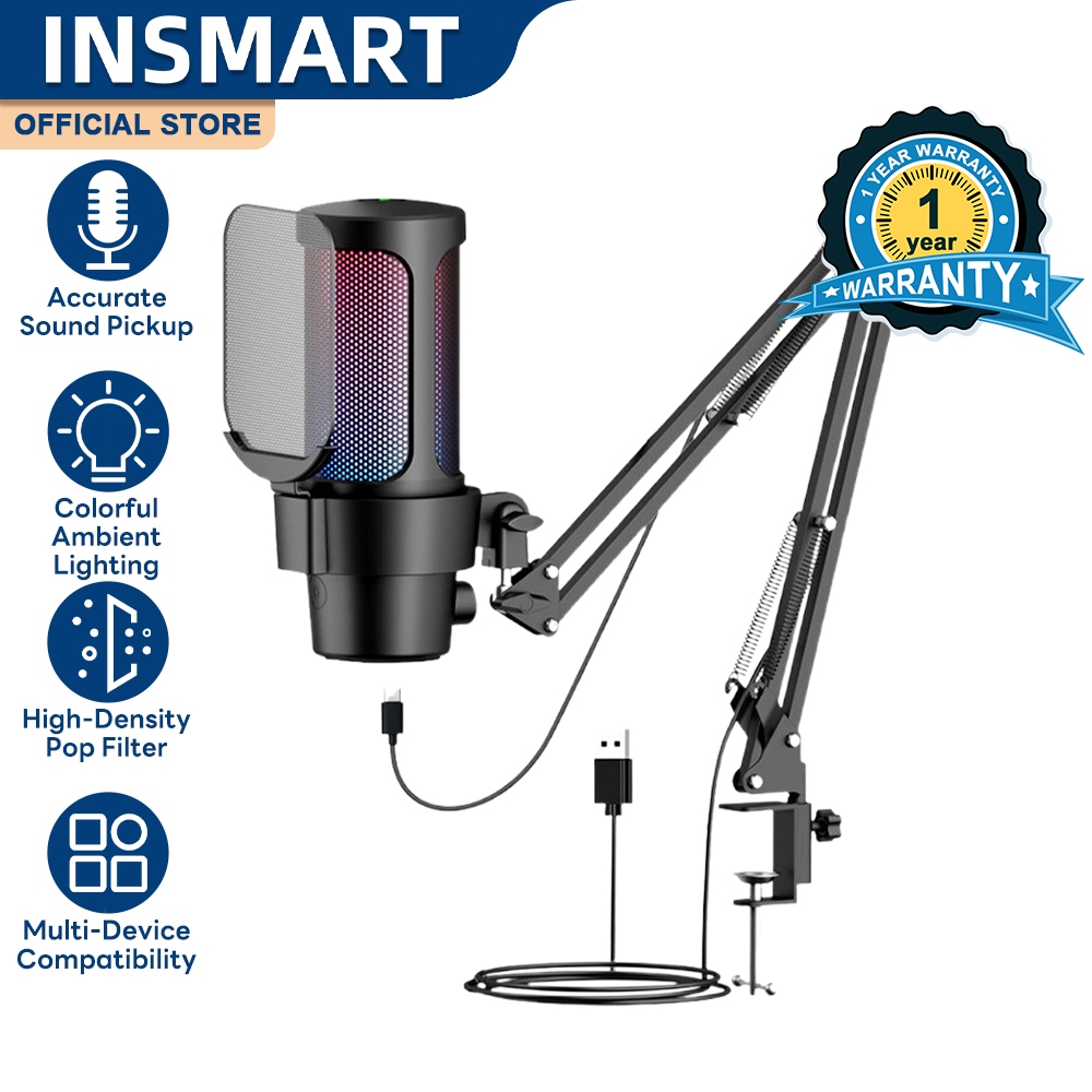 INSMART RGB USB Gaming Microphone with Microphone Stand and Accessories ...