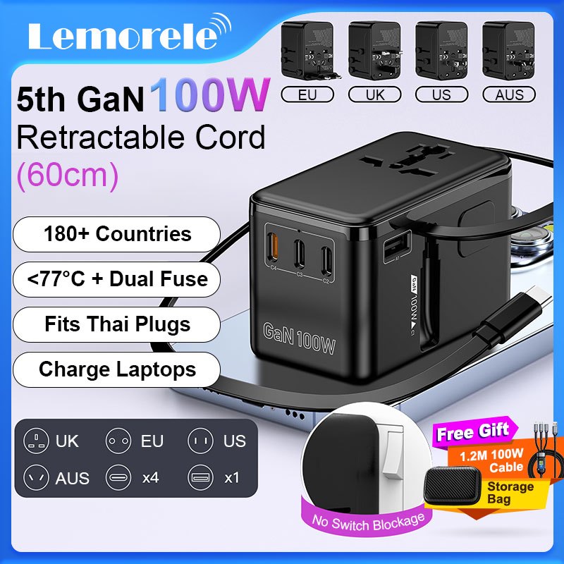 Lemorele Universal Travel Adapter GaN100W USB+Type C International FastCharging Plug Charger