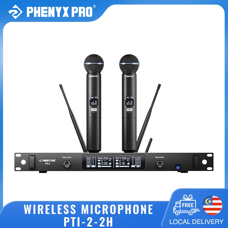 Phenyx PTI-2 UHF Wireless Mic System Dual Mics Auto Sync Adaptive RF ...