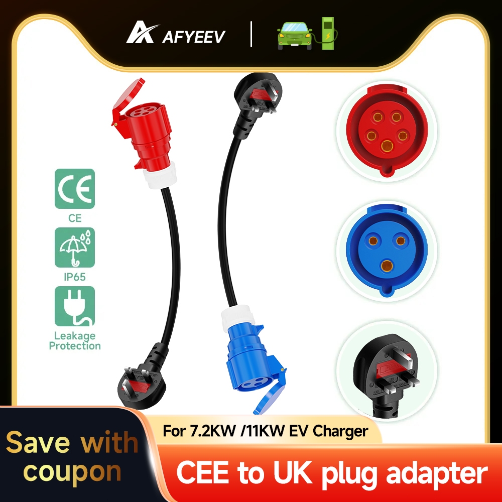 AFYEEV EV Charger 3-Pin Plug to CEE Red Power Female Plug 5 Pins Socket ...