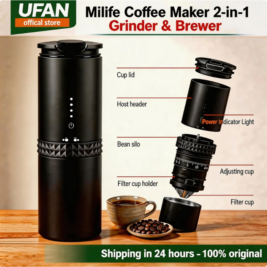 Milife Portable Coffee Maker 2-in-1 | Wireless Grinder & Brewer | 38 ...