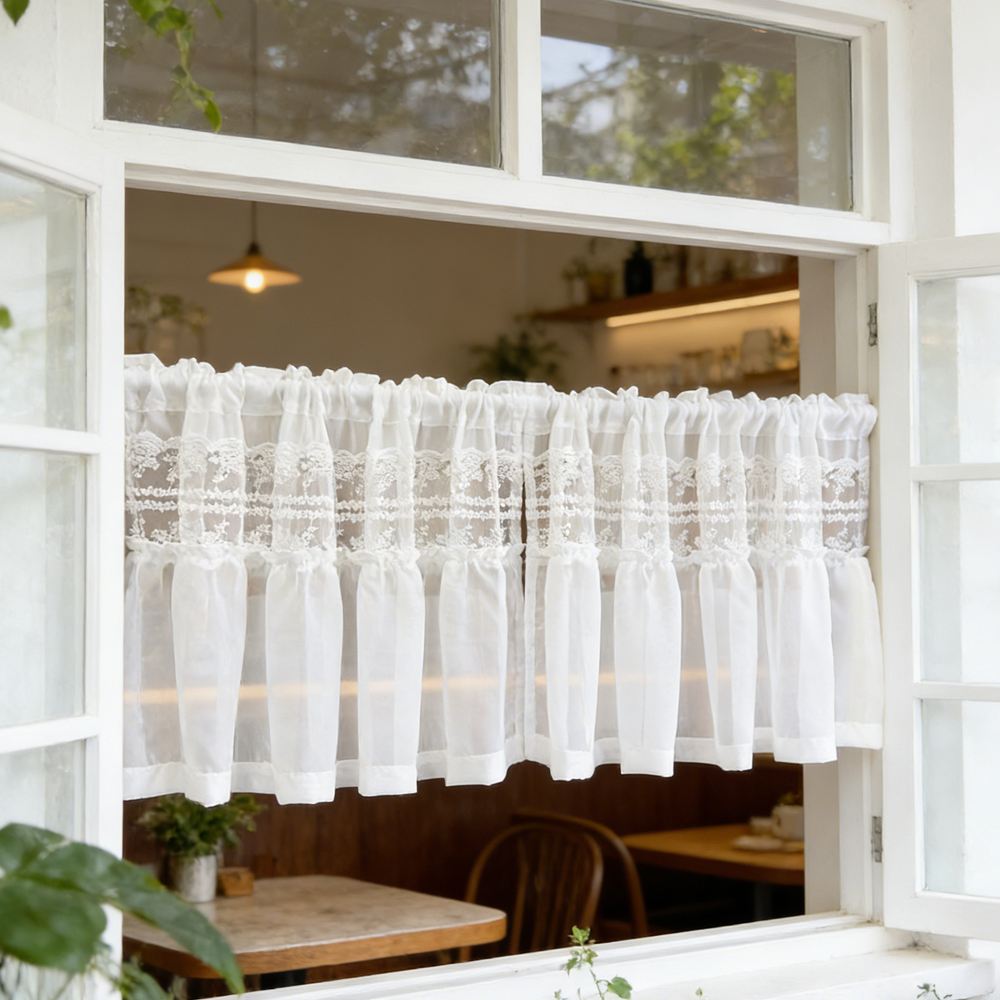 White Flower Lace Romantic Ruffles with Solid Sheer Short Curtain for ...