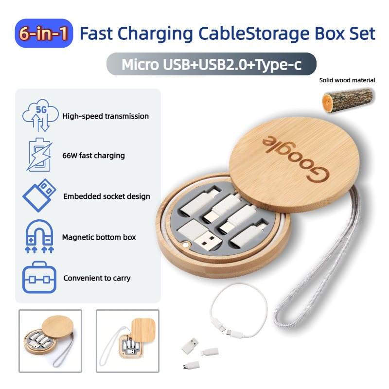 6 in 1 Bamboo Wood 60W Fast Charging Cable Storage Box Set Dual-End ...