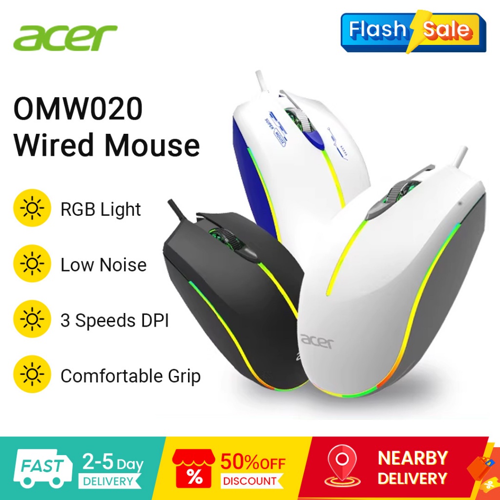 Acer USB Wired Gaming Mouse LED RGB Ergonomic Optical Mice Silent Click ...