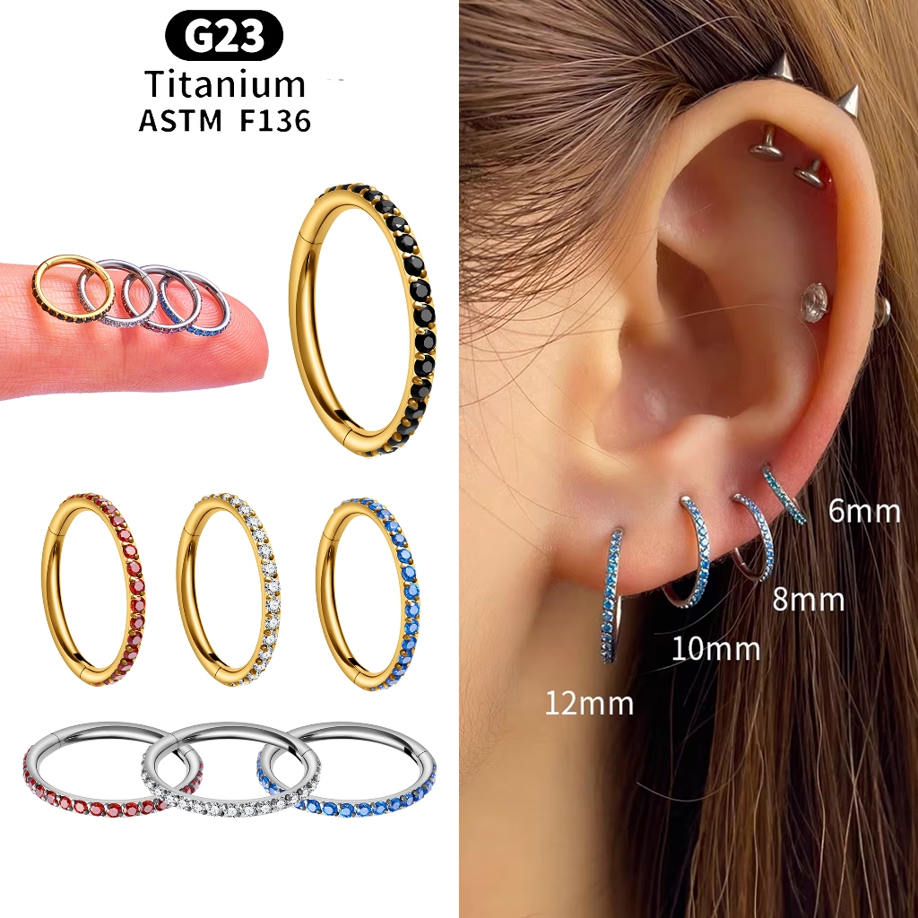 FINE4U 100% Titanium Classic Inlaid Zirconium Nose Hoop Ring Match with ...