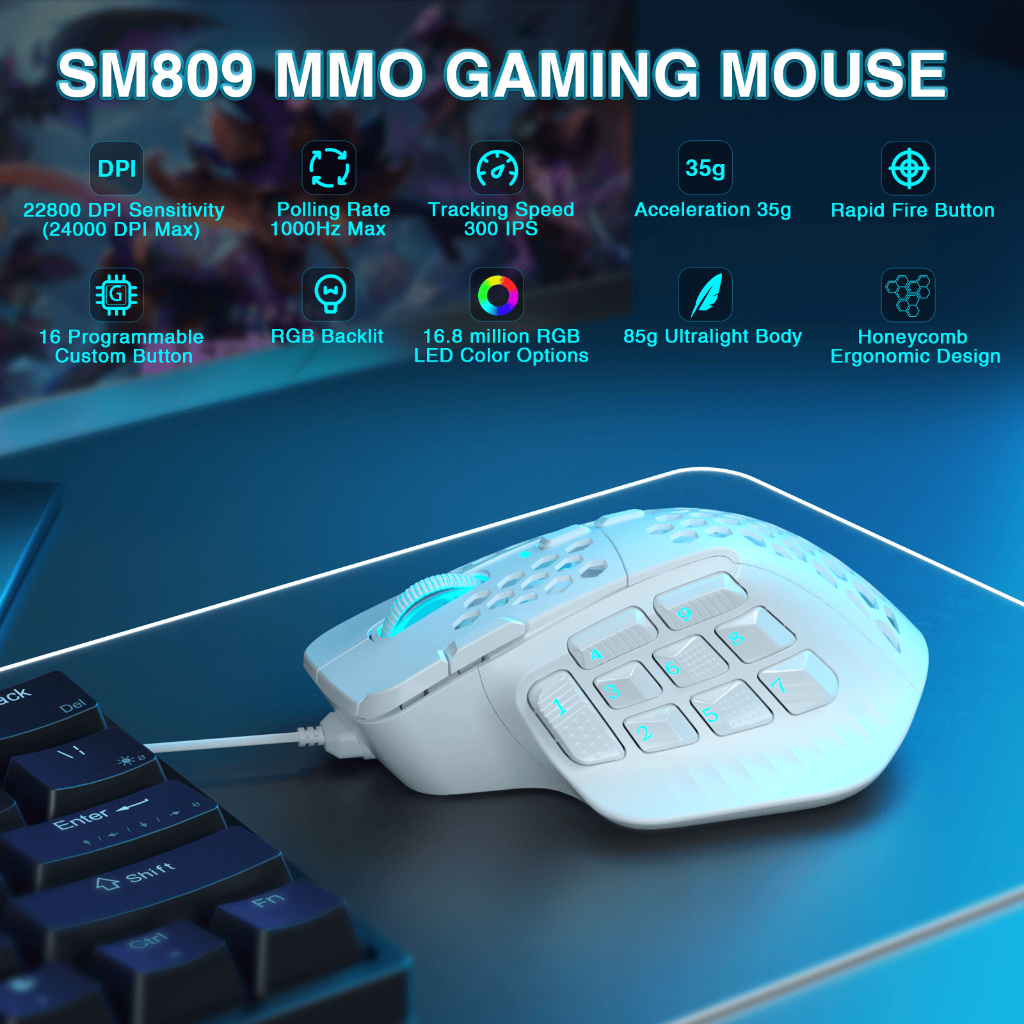 SOLAKAKA SM809 MMO Gaming Mouse USB Wired Lightweight Design 85g Custom ...