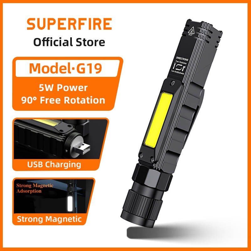 SUPERFIRE G19 5W Portable LED + COB Flashlight USB Rechargeable Work ...