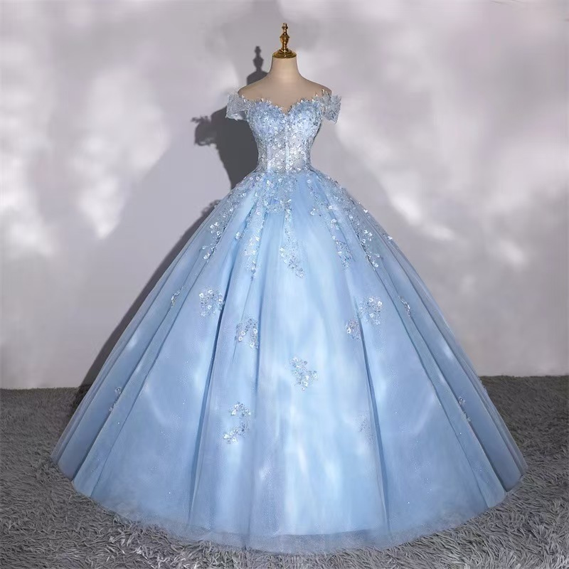 sachin and babi light blue dress Big Sheer Neck Puffy Elegant Red Ball Gown Prom Dress