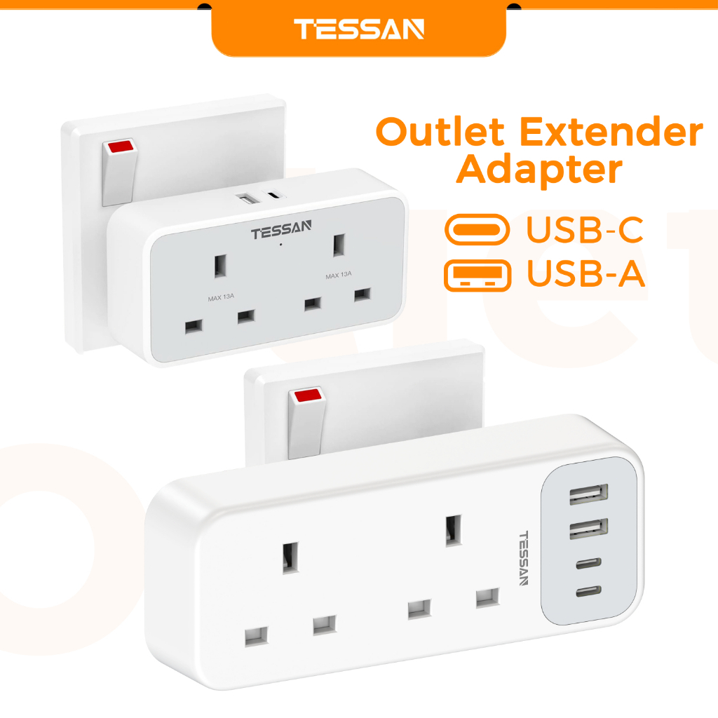 TESSAN Extension Plug Charger Adapter With 2 USB/2 USB C, 2 Way Plugs ...
