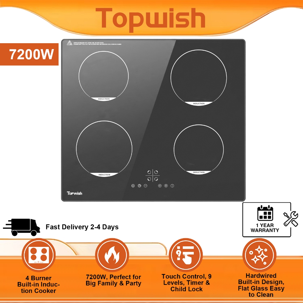 Topwish Dapur Induksi 4 Kepala 7200W, 4 Zone Built-in Induction Cooker ...