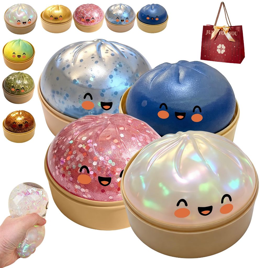 2 Squishy Boulettes Bao XXL Pailletées Avec Cuiseur Vapeur – Anti-stress – Jouet à Presser – Cadeau Enfant Et Adulte