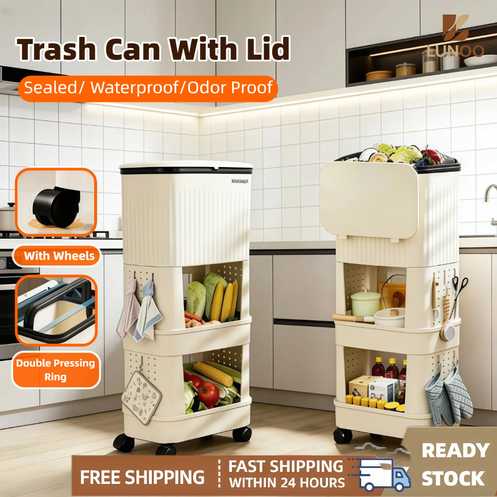LUNOO Trash Can Movable Recycle Kitchen Rubbish Bin With Wheel And ...