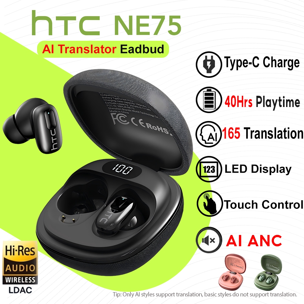 HTC NE75 AI Translator Earbud Wireless Earphone LED Display Bluetooth 6 ...