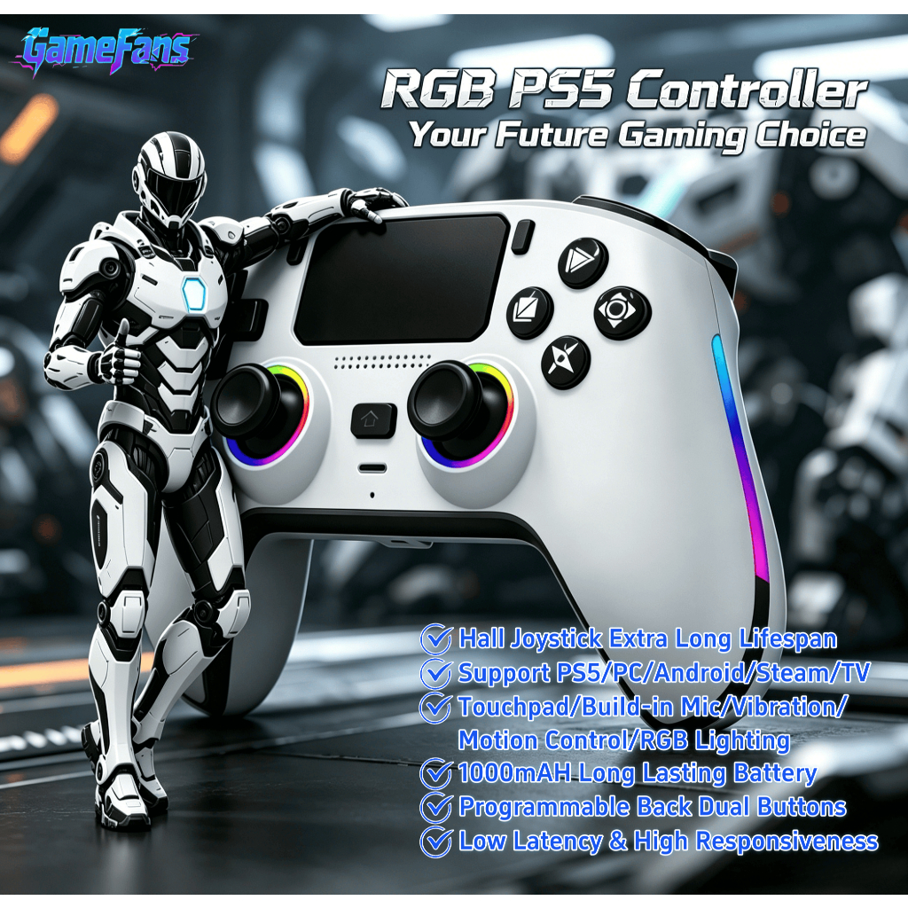 RGB PS5 Wireless Bluetooth Game Controller Hall Joystick Vibrating ...