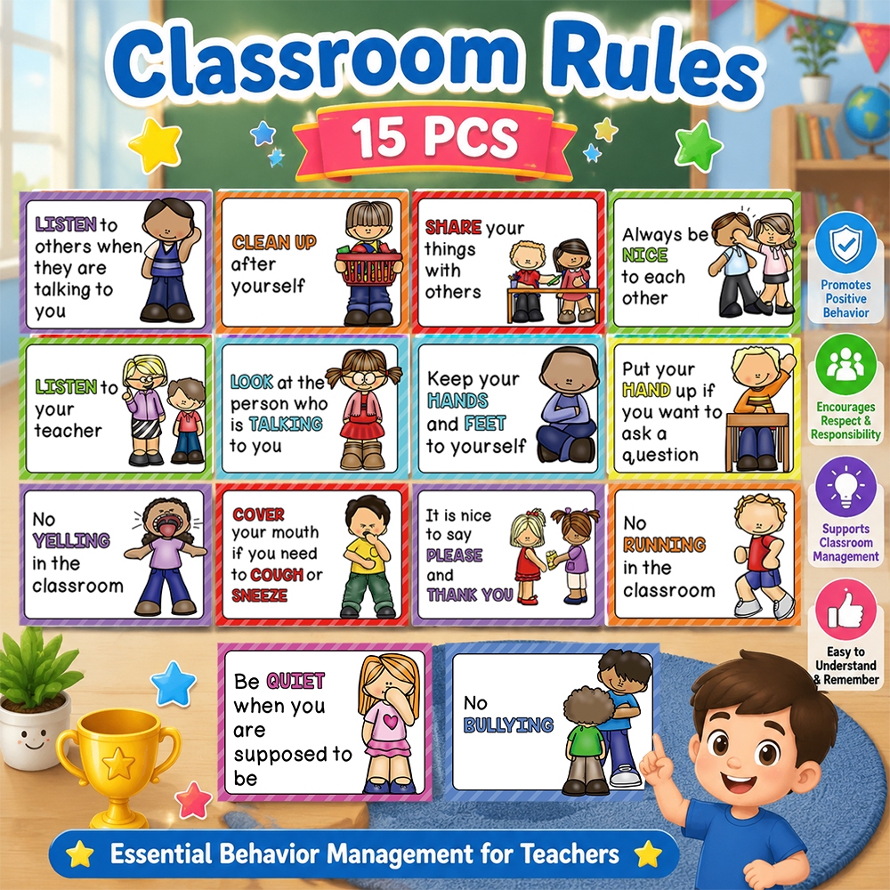 15PCS Classroom Rules Posters ,Colorful Classroom Behavior Charts ...