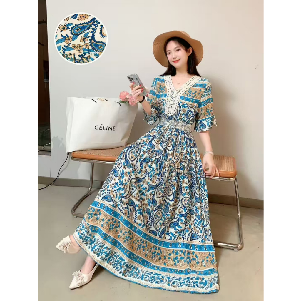 shopee bohemian dress THHONE Summer Indian Women Clothes Guan Boho Long Vintage Korean Style Fashion Beach Vacation Hawaii Casual O Neck Lace Floral Robe Print Dresses Size:10_XL Sleeve Length(cm) loungewear for women Rotate - Sleeveless Floral