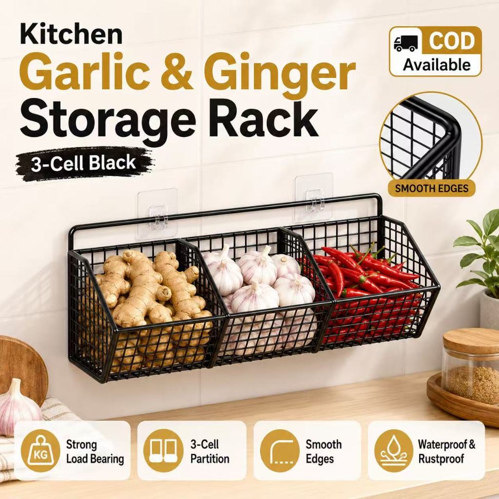 3 Grids Wall Mounted Kitchen Storage Rack Bekas Bawang Black Onion ...