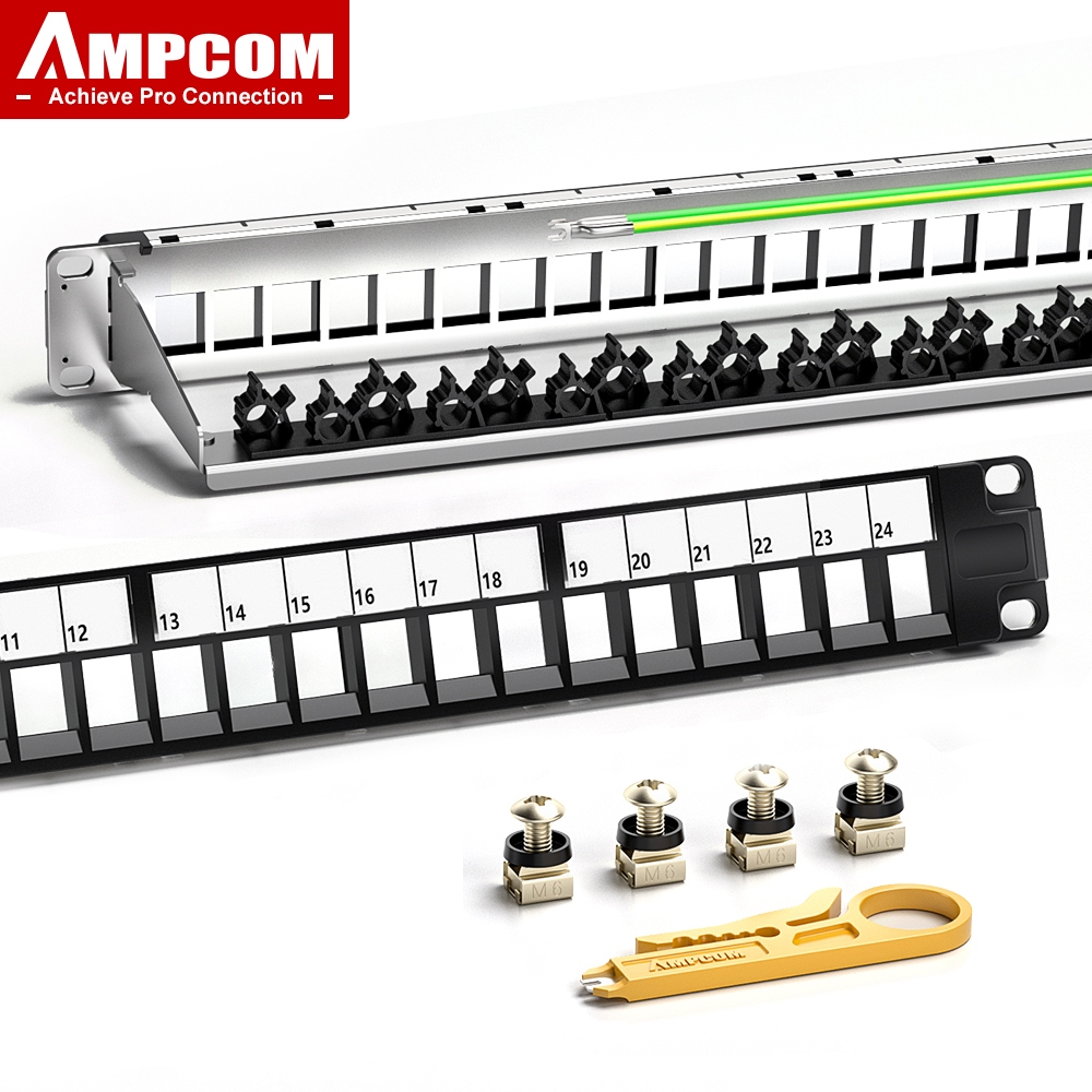 AMPCOM patch panel,24-Port Blank Keystone Patch Panel,1U STP ,19 inch ...