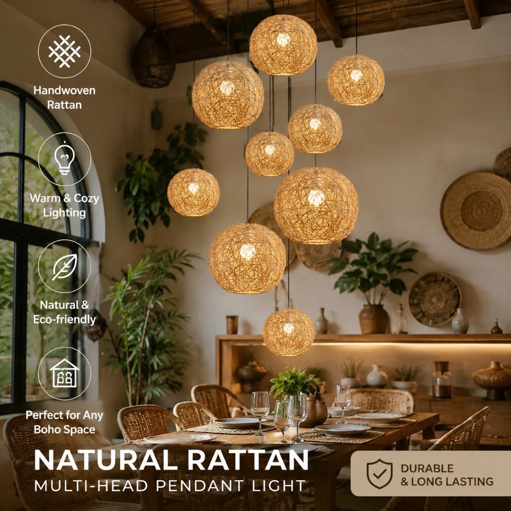 ROTAN LAMPU GANTUNG SILING RUSTIC PENDANT LIGHT FARMHOUSE RETRO BAMBOO ...