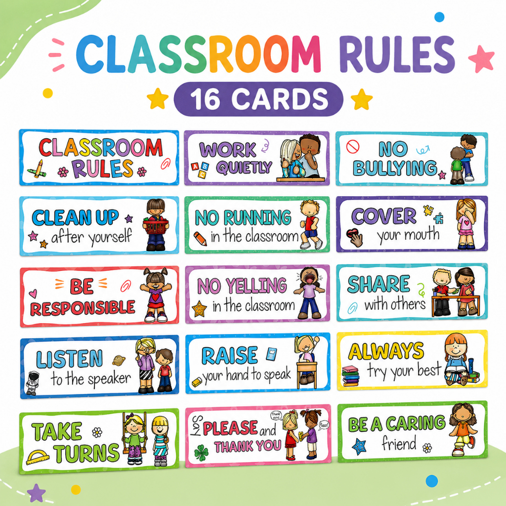 16PCS Colorful Classroom Rules Posters Kids Behavior Manners Education ...