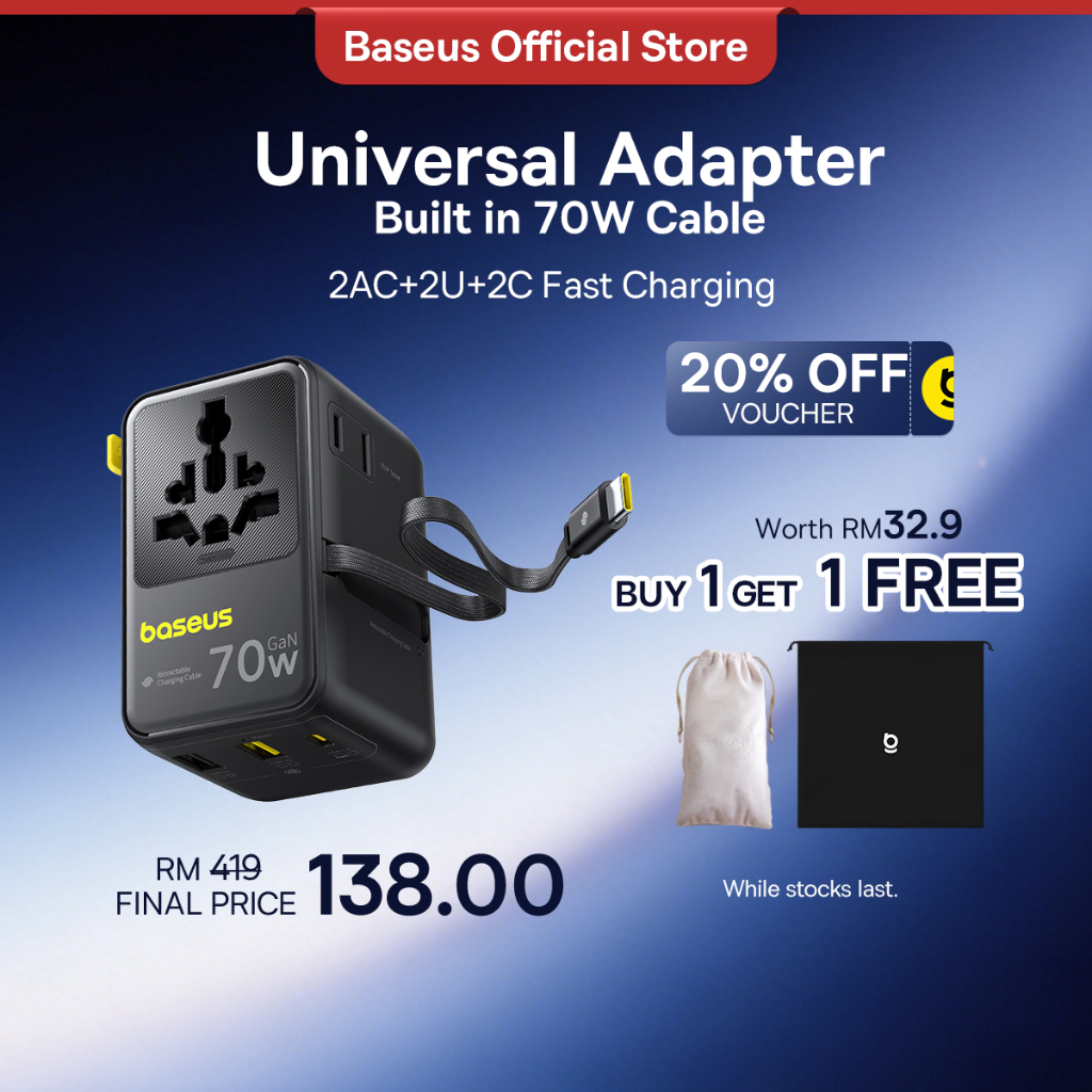 Baseus EnerCore CG11 Universal Travel Adapter 70W with Retractable ...