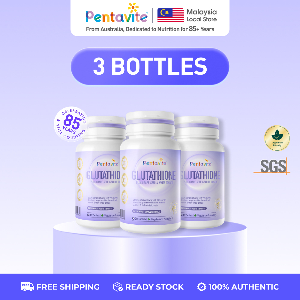 Pentavite Glutathione Plus Grape Seed & White Tomato, 4-in-1 Brightening from Within, Passionfruit Orange Chewable (30-120 Tablets for Adult)