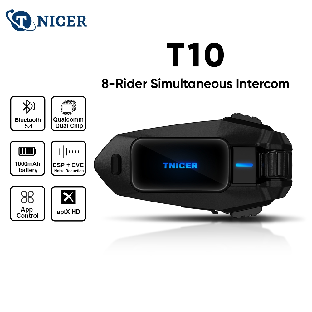 Tnicer T10 Motorcycle Intercom – Bluetooth 5.4 Dual-Chip 8-Rider