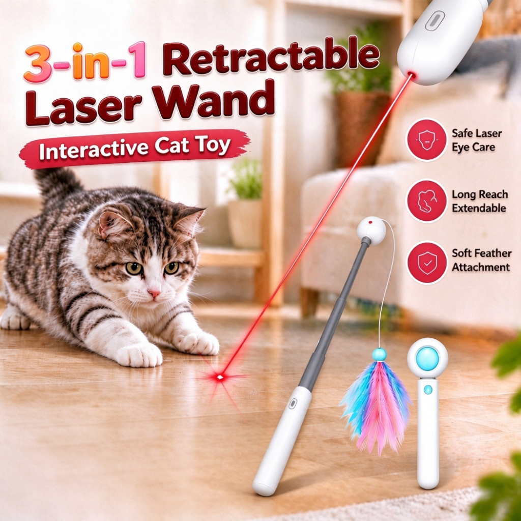 3-in-1 Retractable Cat Laser Teaser Wand | Safe Interactive Toy with ...
