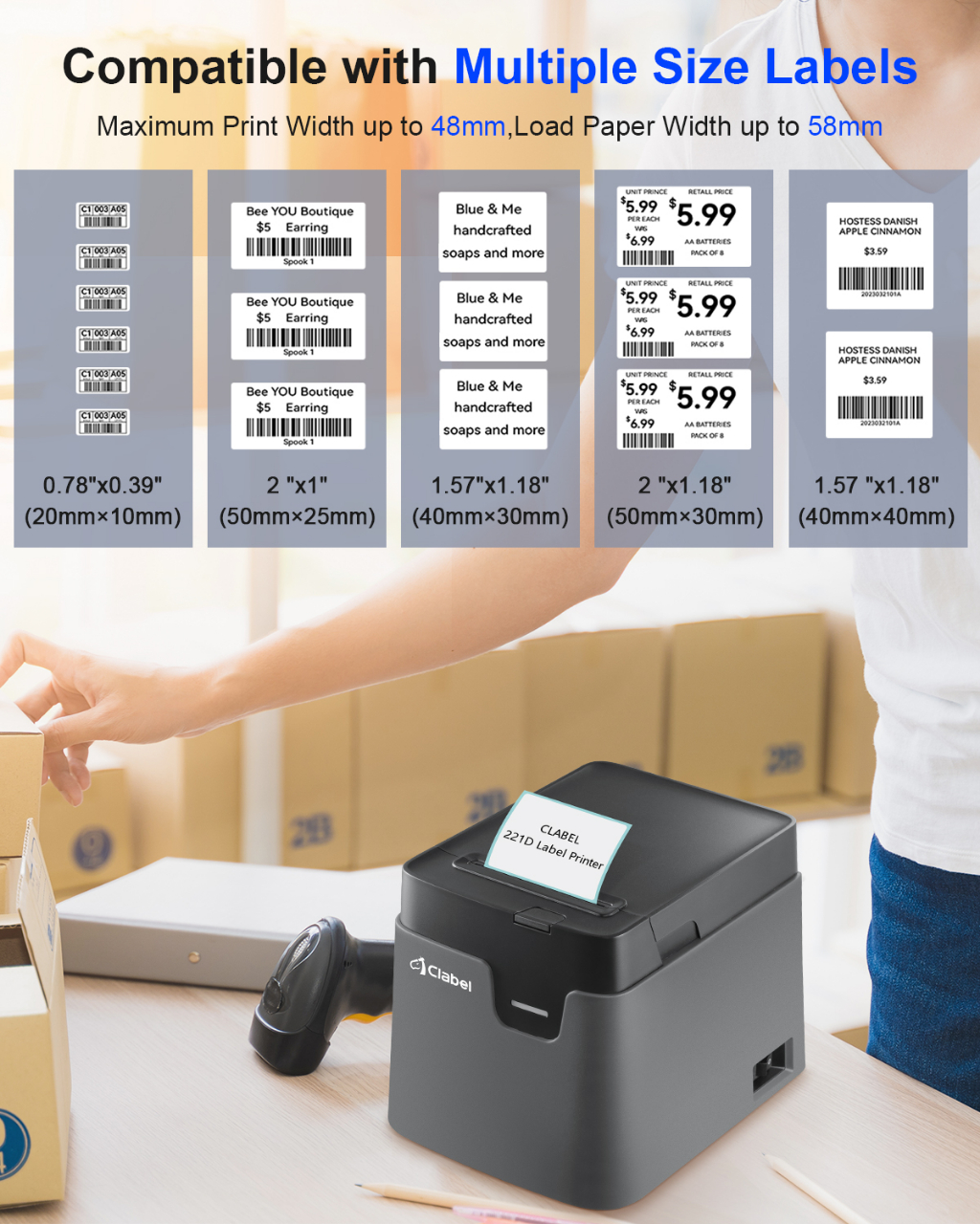 CLABEL 221D Bluetooth Thermal Printer Barcode Receipt Printer 57MM For ...