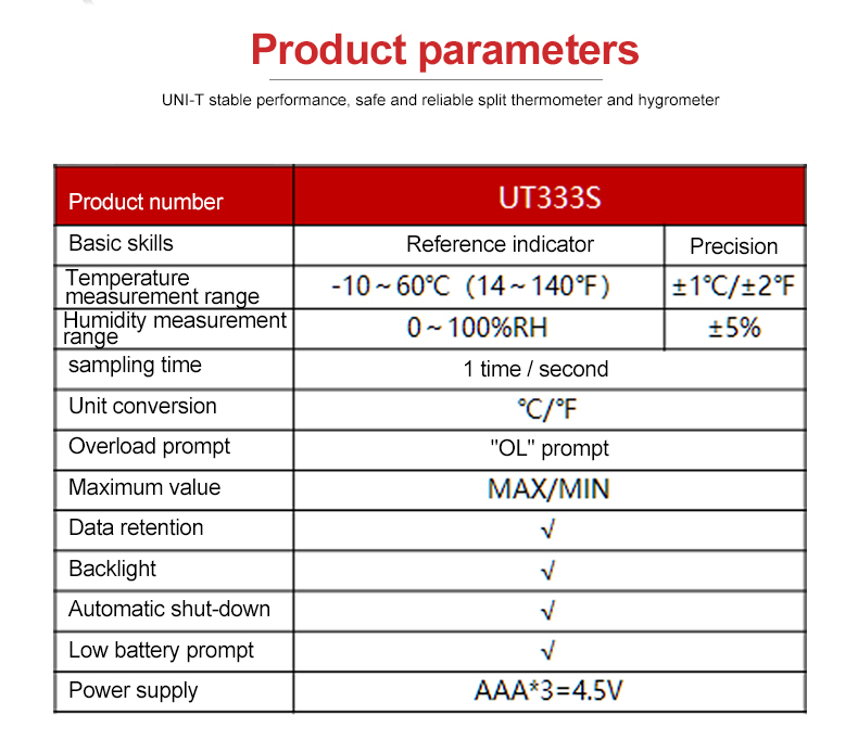 UNI-T UT333S Digital Temperature Humidity Meter Split Thermohygrometer ...