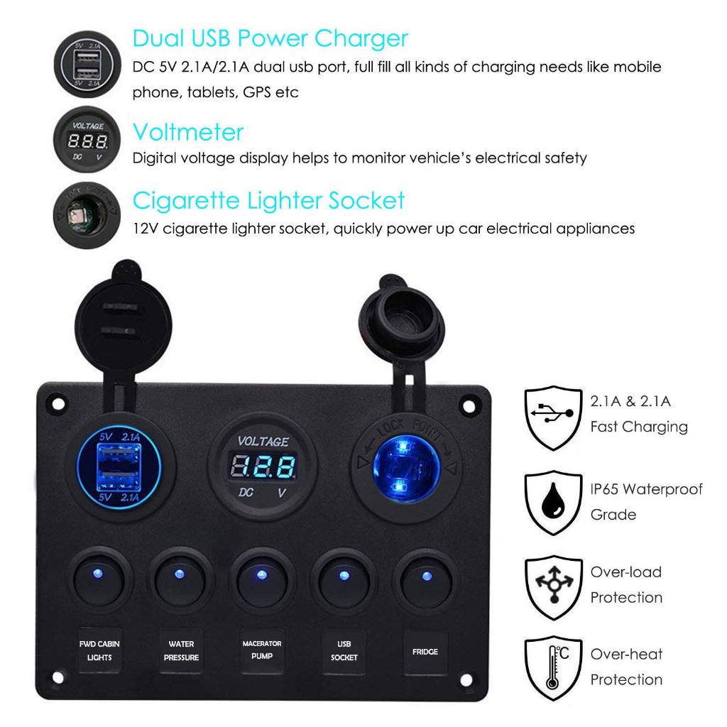 Marine Ignition Toggle Rocker Switch Panel Dual USB Socket Charger 4.2A ...
