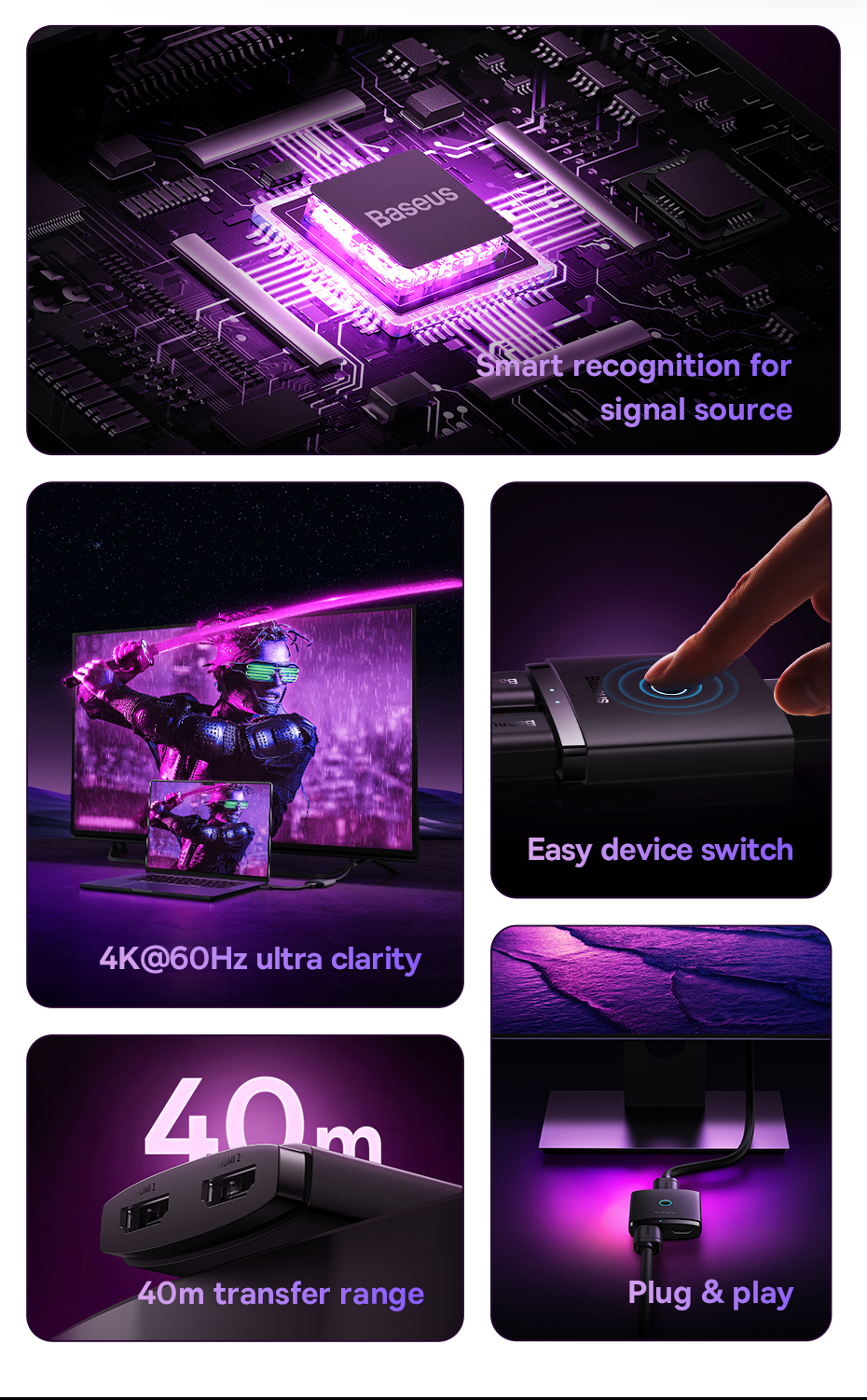 Baseus 2 in 1 HD Switch HDMI-compatible Switcher 4K@60Hz for Xiaomi Mi ...