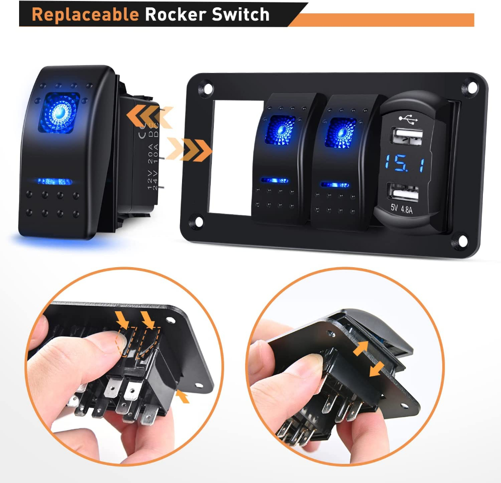 3 Gang Rocker Switch Panel Blue Backlit with 4.8 Amp Dual USB Charger ...
