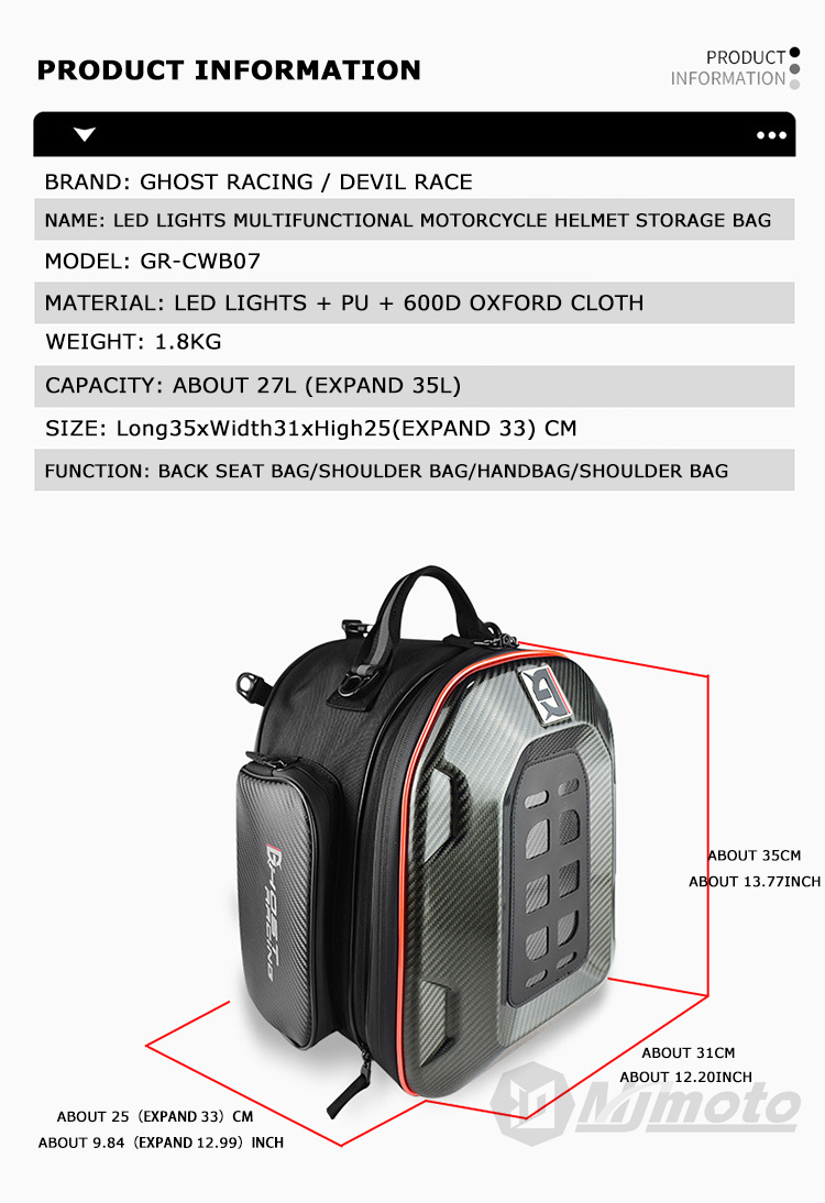 LED Light Motorcycle Rear Seat Bag Waterproof Large Capacity Male ...