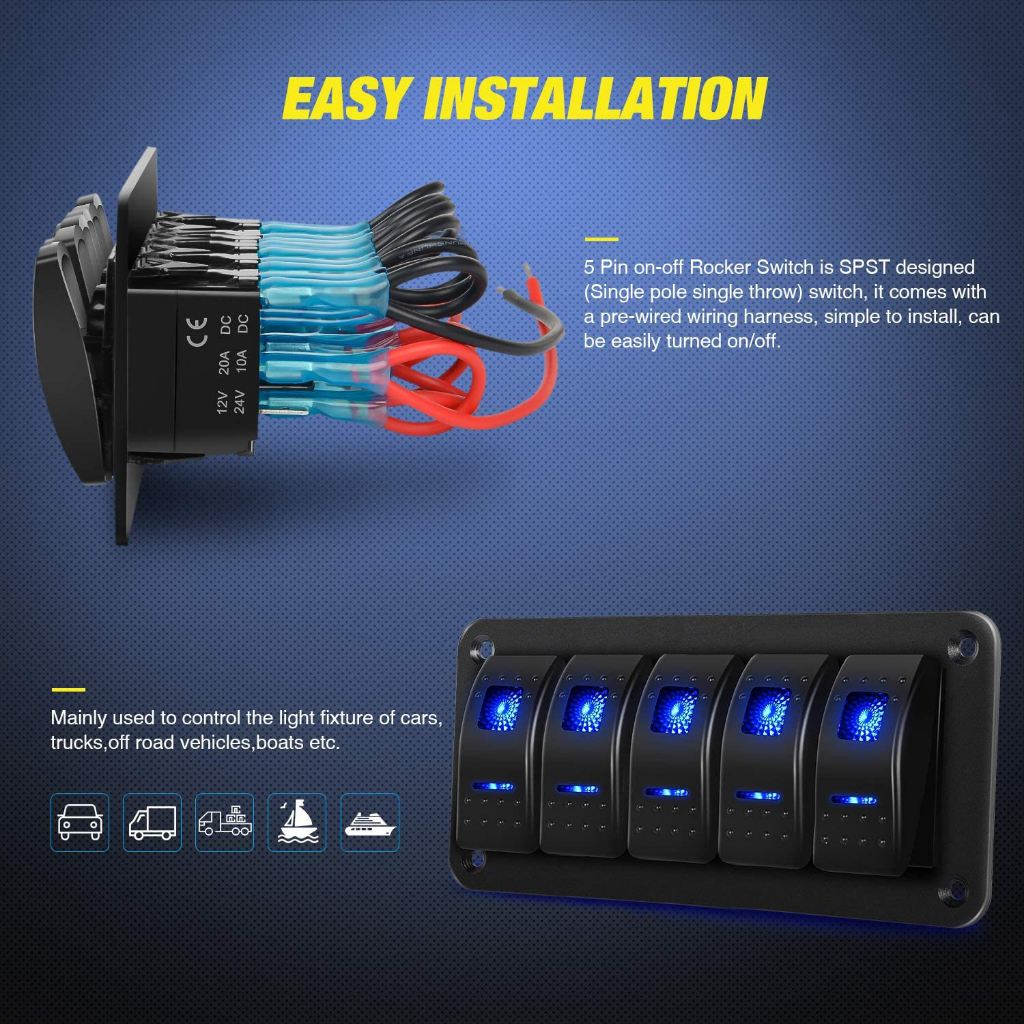 5 Gang Aluminum Rocker Switch Panel Toggle Dash 5 Pin ON/Off Pre-Wired ...