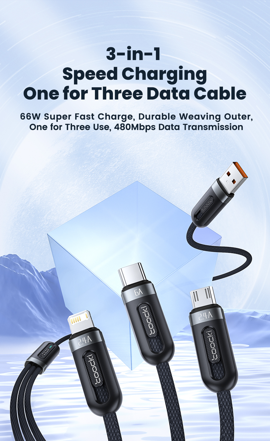 Toocki 3 In 1 USB Cable 66W 6A Fast Charging Type C Data Cable Charger ...