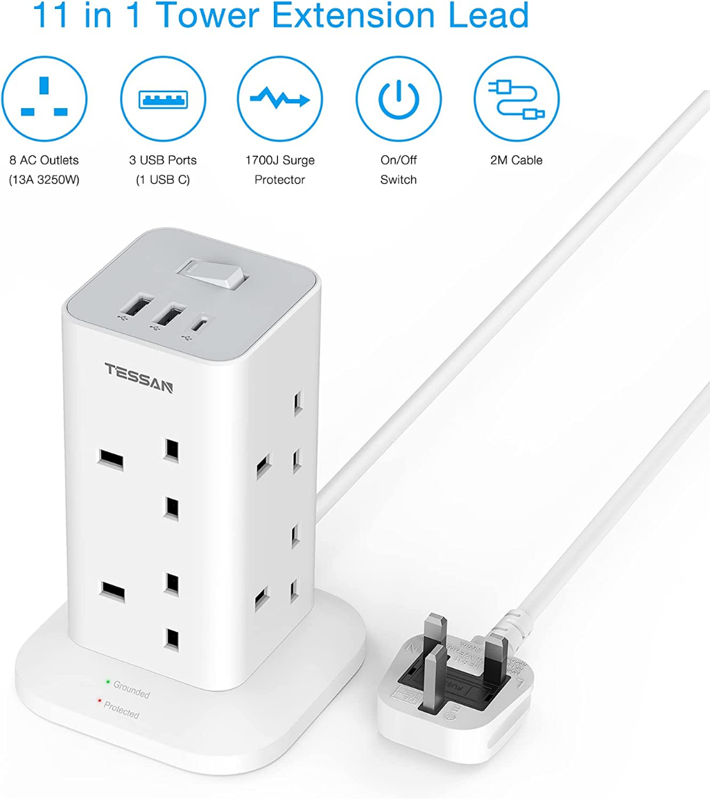 TESSAN Extension Plug Tower Extension Socket with 3 USB( C), Surge ...