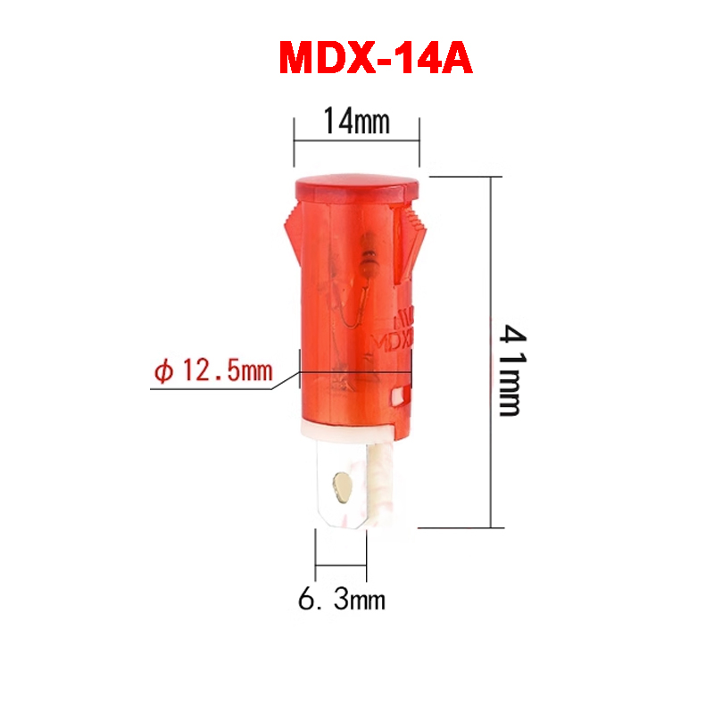 Bombillas Piloto Indicadoras MDX-14A - 10 Unidades, 220V, Plástico Rojo, Cabeza Redonda 14mm, Para Señalización Eléctrica