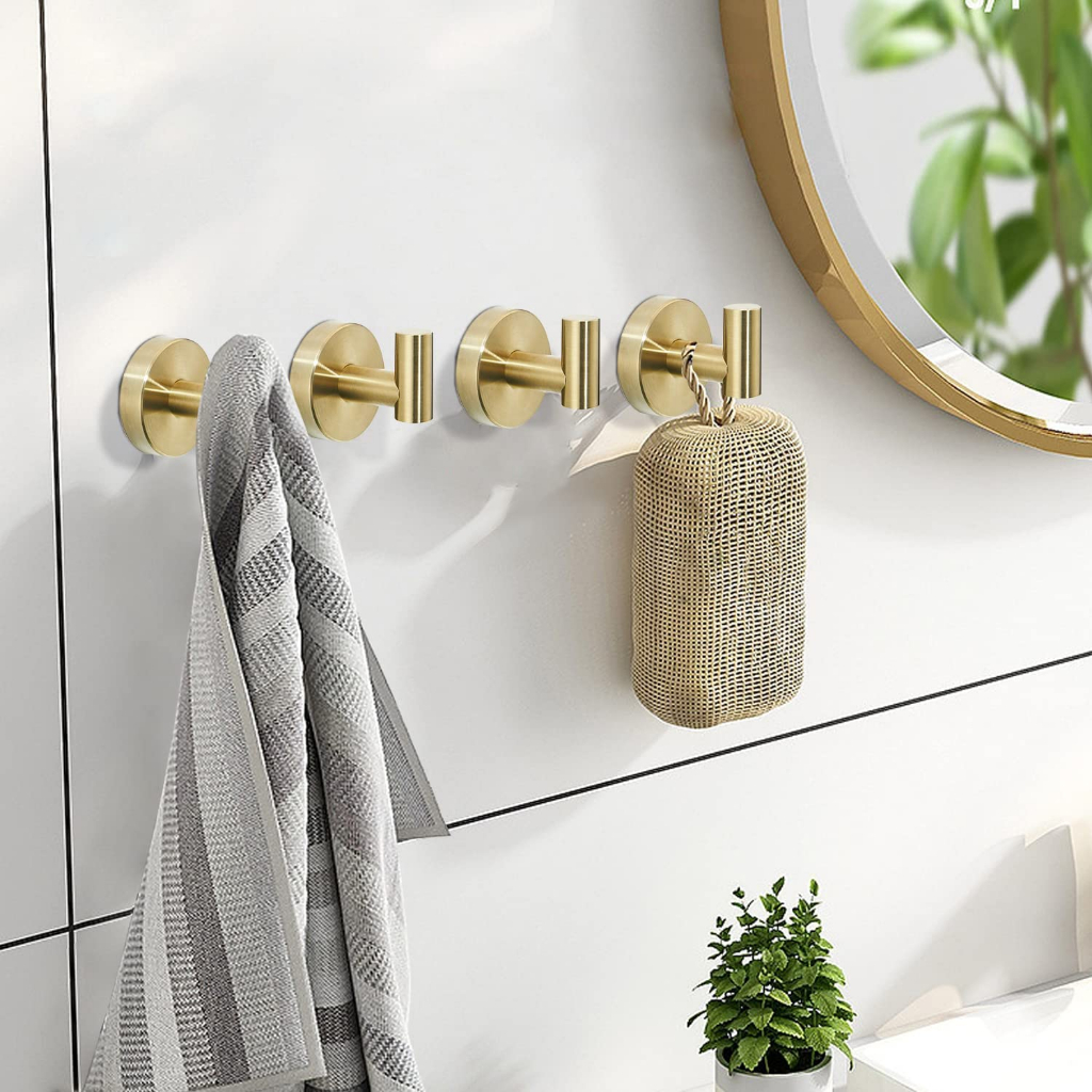 4-Pack Black & Gold Aluminum Towel Hooks - Wall Mounted Robe Hooks For Bathroom, Kitchen, Closet