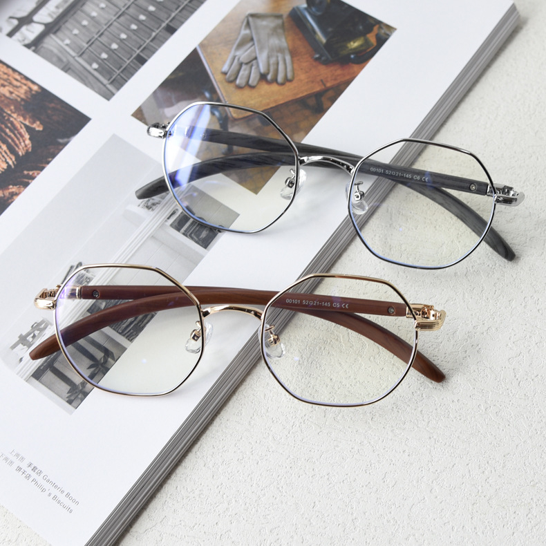 Vintage Polygonal Glasses Frame for Men Women Retro Wood Grain Legs ...