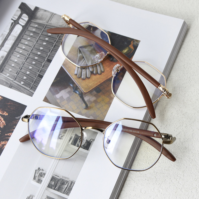 Vintage Polygonal Glasses Frame for Men Women Retro Wood Grain Legs ...