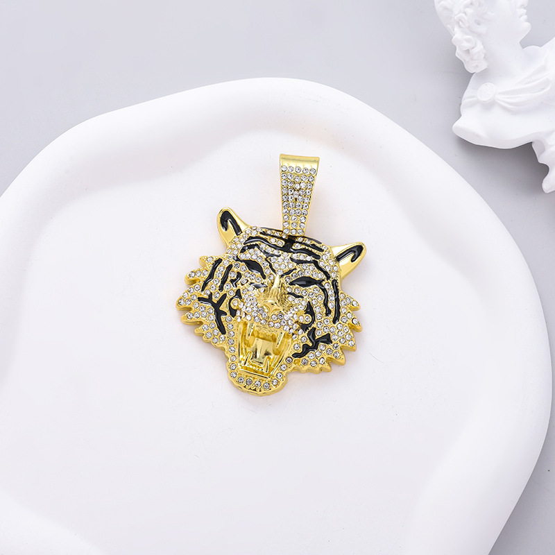 Men's hip-hop style tiger head shaped rhinestone pendant Cuban necklace ...