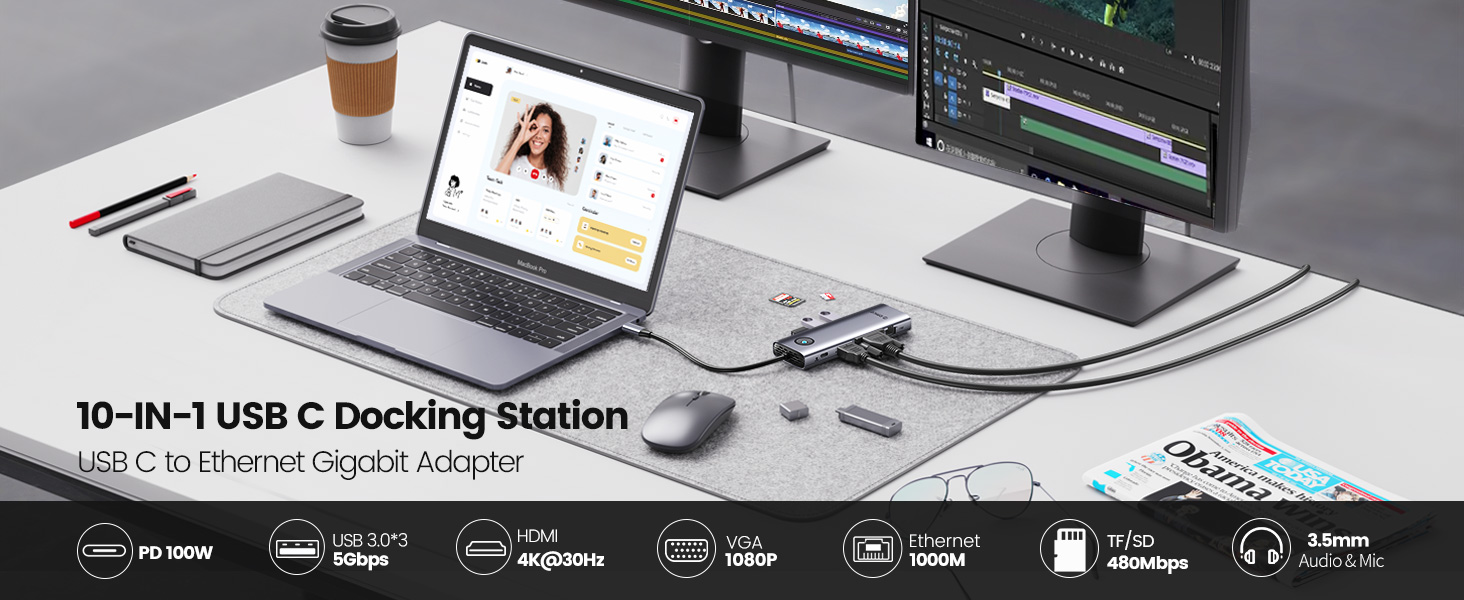 ORICO Type C HUB 10 in 1 Docking Station 4K60Hz HDMI USB3.0 Port RJ45