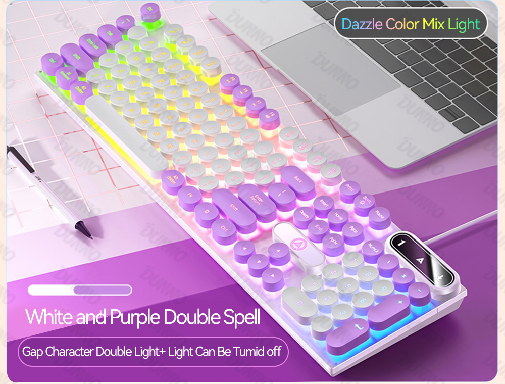 Retro Punk Round Keycap Gaming Keyboard Wired RGB Backlit Keyboard USB